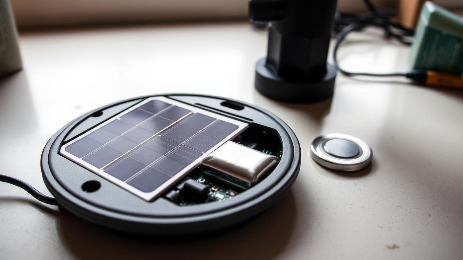 Disassembled solar pathway light showing panel, driver board, and rechargeable cell