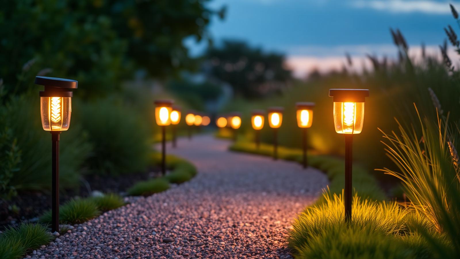 Solar pathway lights glowing along a gravel garden path at dusk