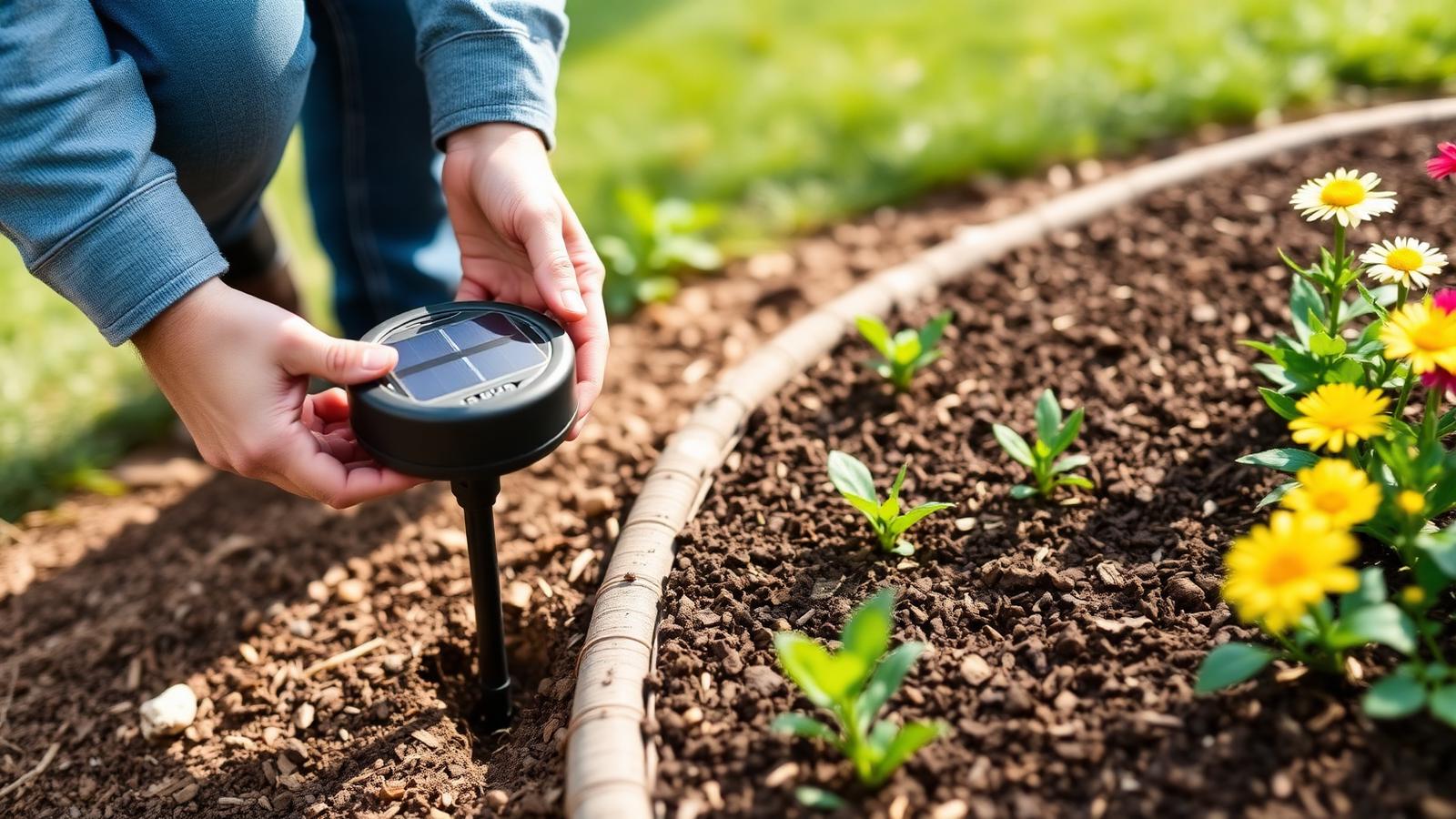 Hands installing a solar stake light in a mulched garden bed angled toward the sun