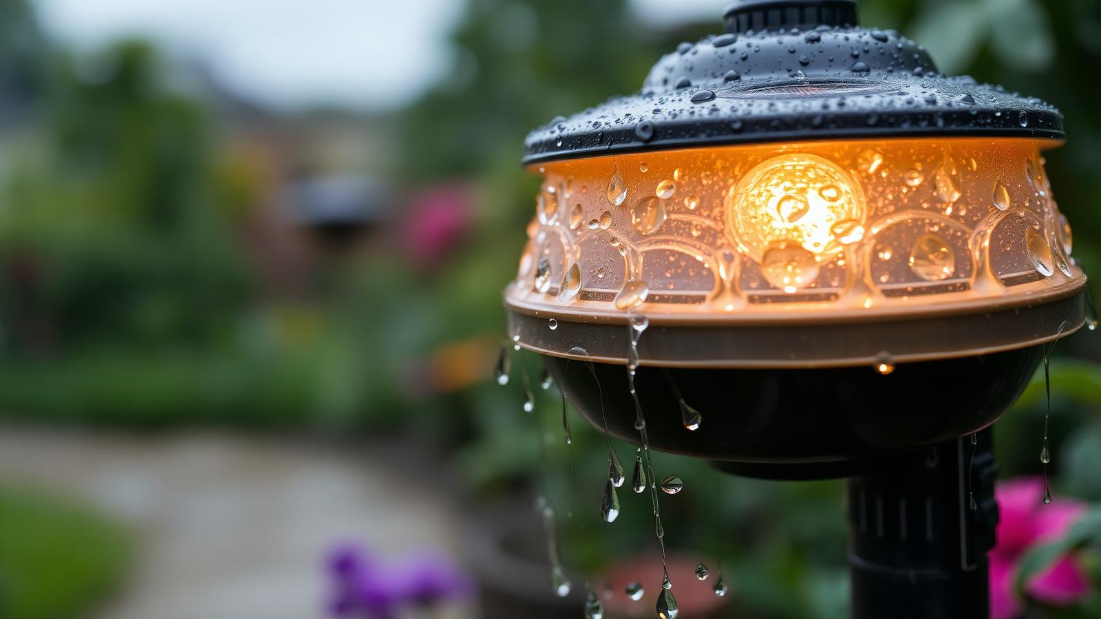 Solar pathway light beaded with rain droplets after a storm