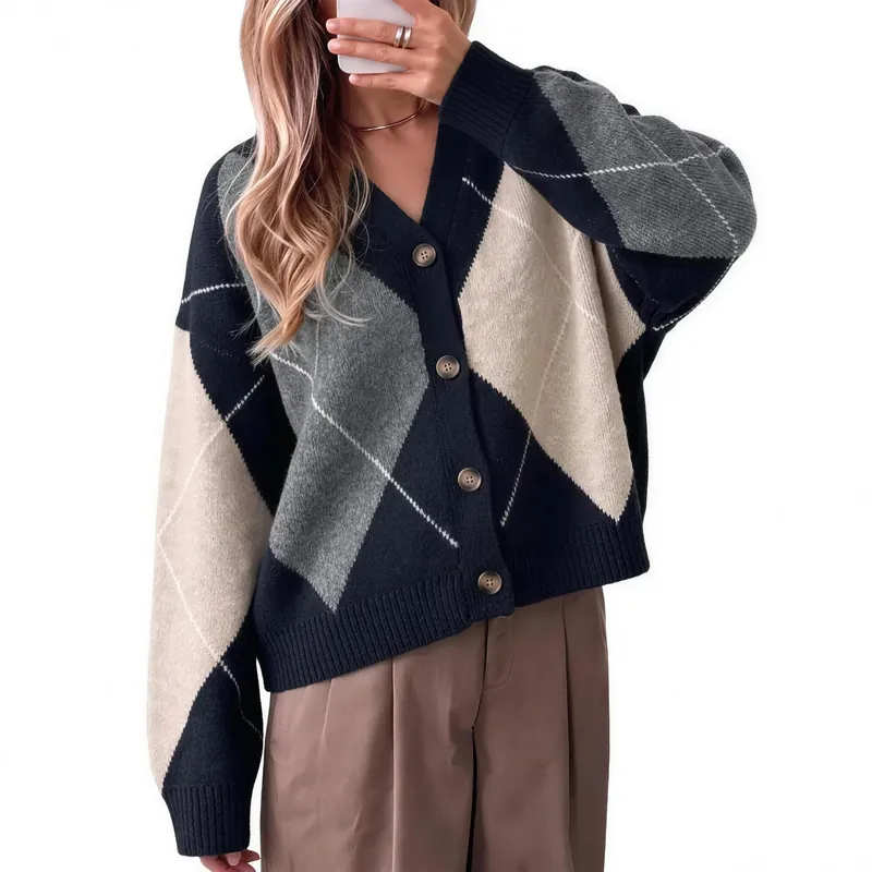 Oversized argyle cardigan in navy