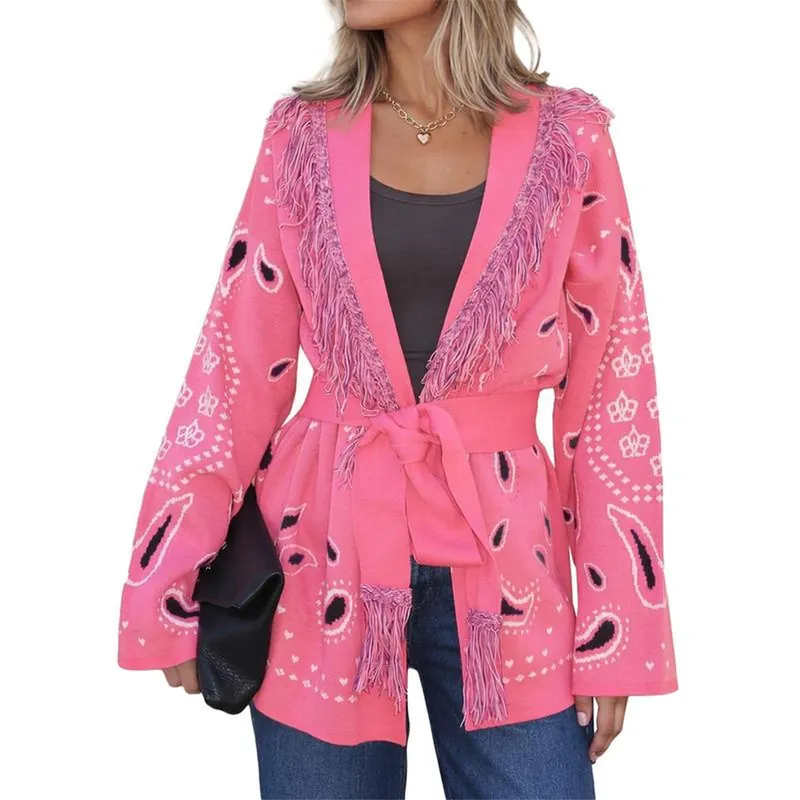 The Pink bandana fringe wrap cardigan