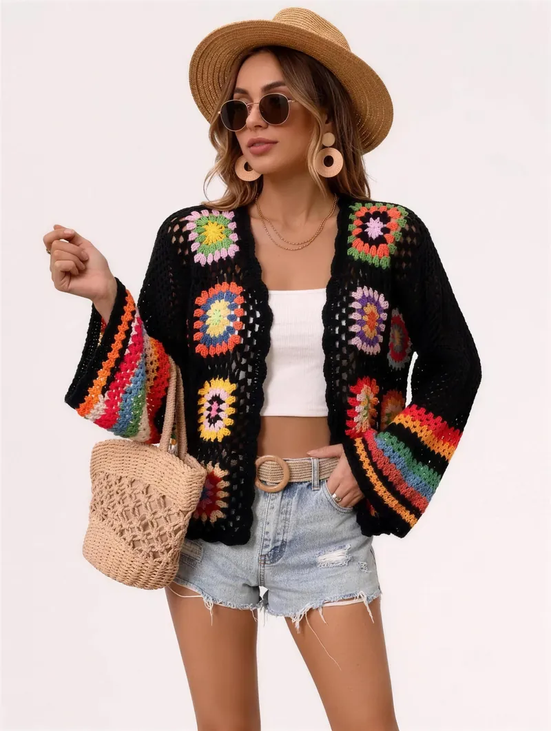 Granny square crochet cardigan in black