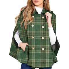Plaid Cape Poncho, green tartan, front