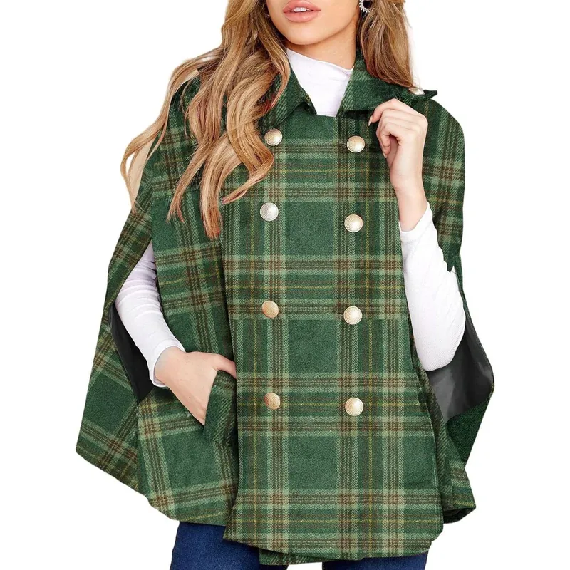 Plaid cape poncho in green tartan, front view