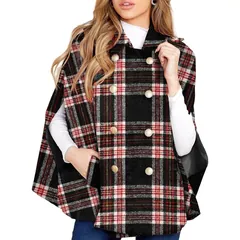 Plaid Cape Poncho, black and white tartan, front