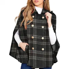Plaid Cape Poncho, charcoal tartan, front