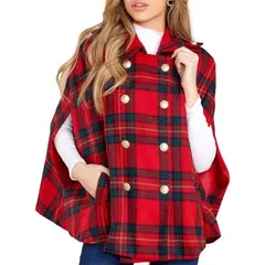 Plaid Cape Poncho, red tartan, front