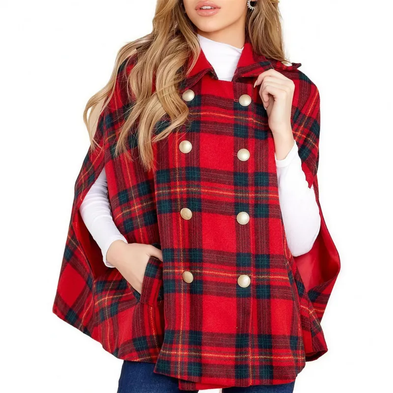 Plaid cape poncho in red tartan