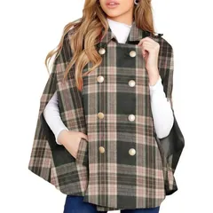 Plaid Cape Poncho, pink tartan, front