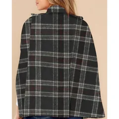Plaid Cape Poncho, charcoal tartan, back