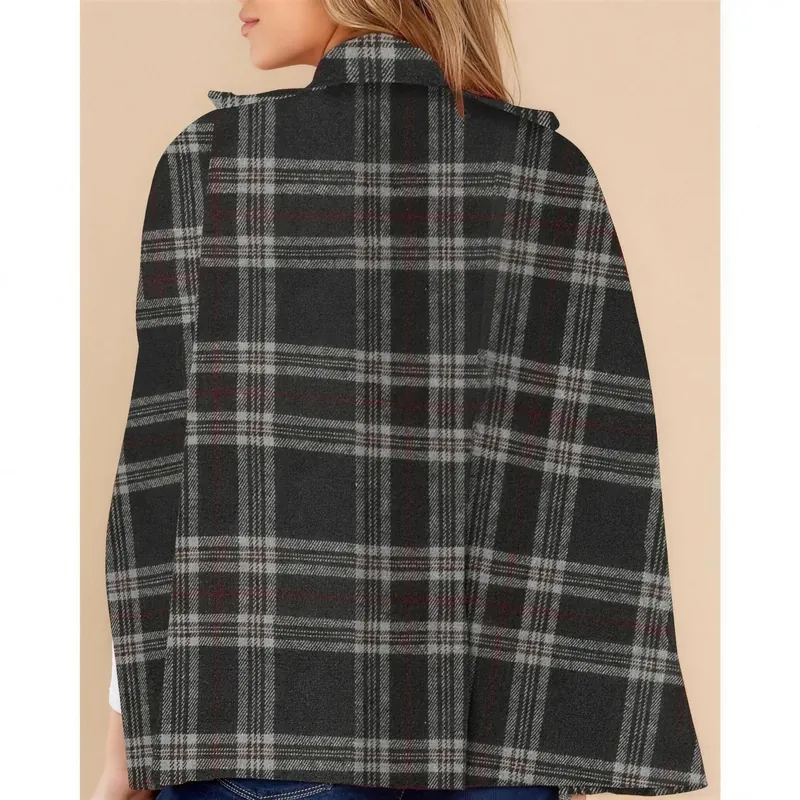 Back view of the plaid cape poncho in charcoal