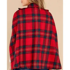 Plaid Cape Poncho, red tartan, back