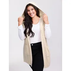 Hooded cable knit vest, beige