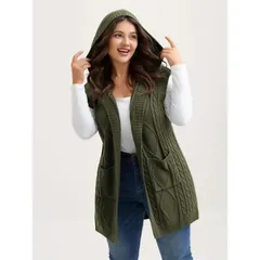 Hooded cable knit vest, army green, hood up, front