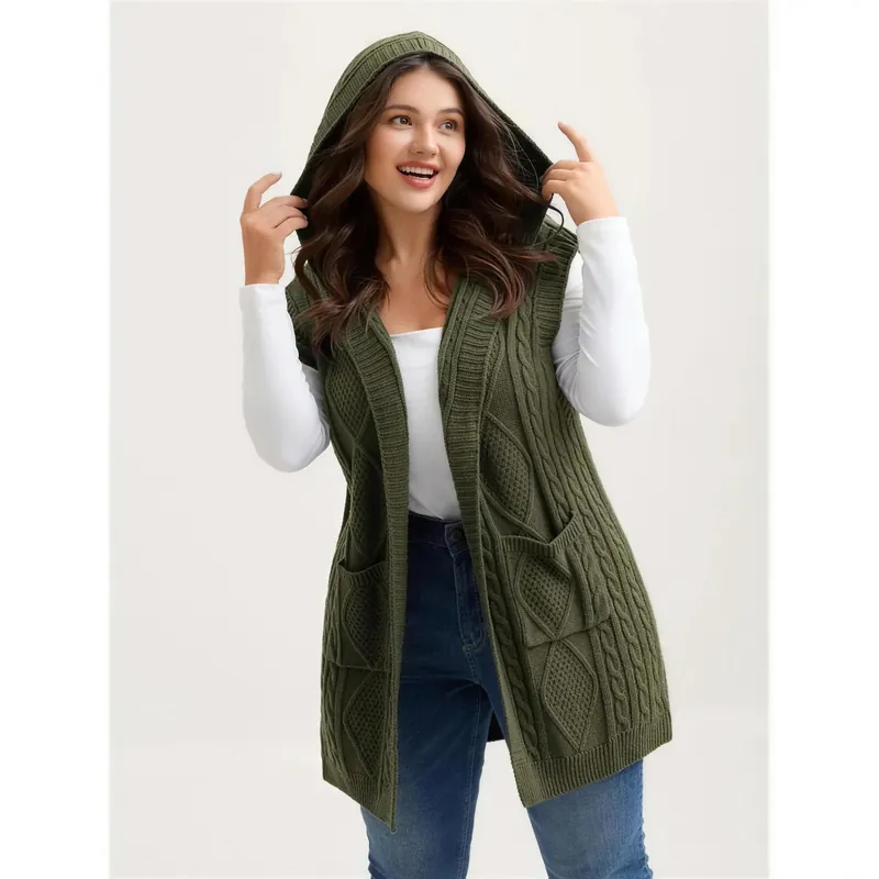 Hooded cable knit vest in army green, hood up, front view