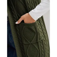 Hooded cable knit vest, close-up of the patch pocket