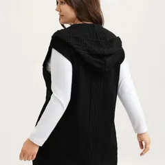 Hooded cable knit vest, black, back view with hood