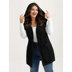 Hooded cable knit vest, black