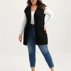 Hooded cable knit vest, black, worn open