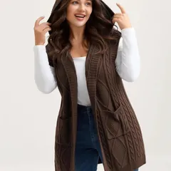 Hooded cable knit vest, brown coffee
