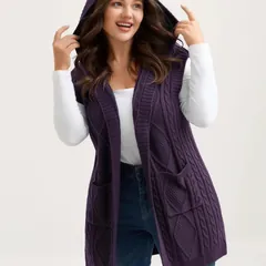 Hooded cable knit vest, deep purple