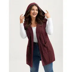 Hooded cable knit vest, burgundy