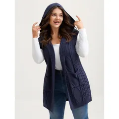 Hooded cable knit vest, indigo