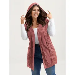 Hooded cable knit vest, salmon