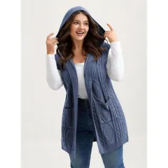 Hooded cable knit vest, sky blue
