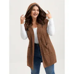 Hooded cable knit vest, yellowish brown