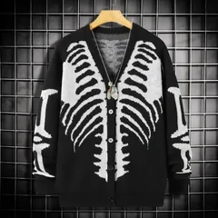 Skeleton button cardigan, black and white, front, on a hanger