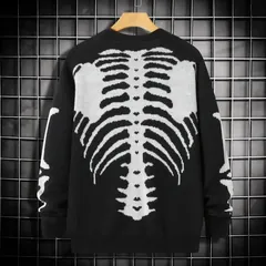 Skeleton button cardigan, black and white, back, on a hanger