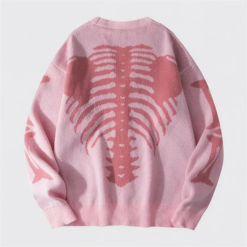 Back view of the skeleton cardigan showing the spine and rib cage