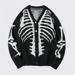 Skeleton button cardigan, black and white, front
