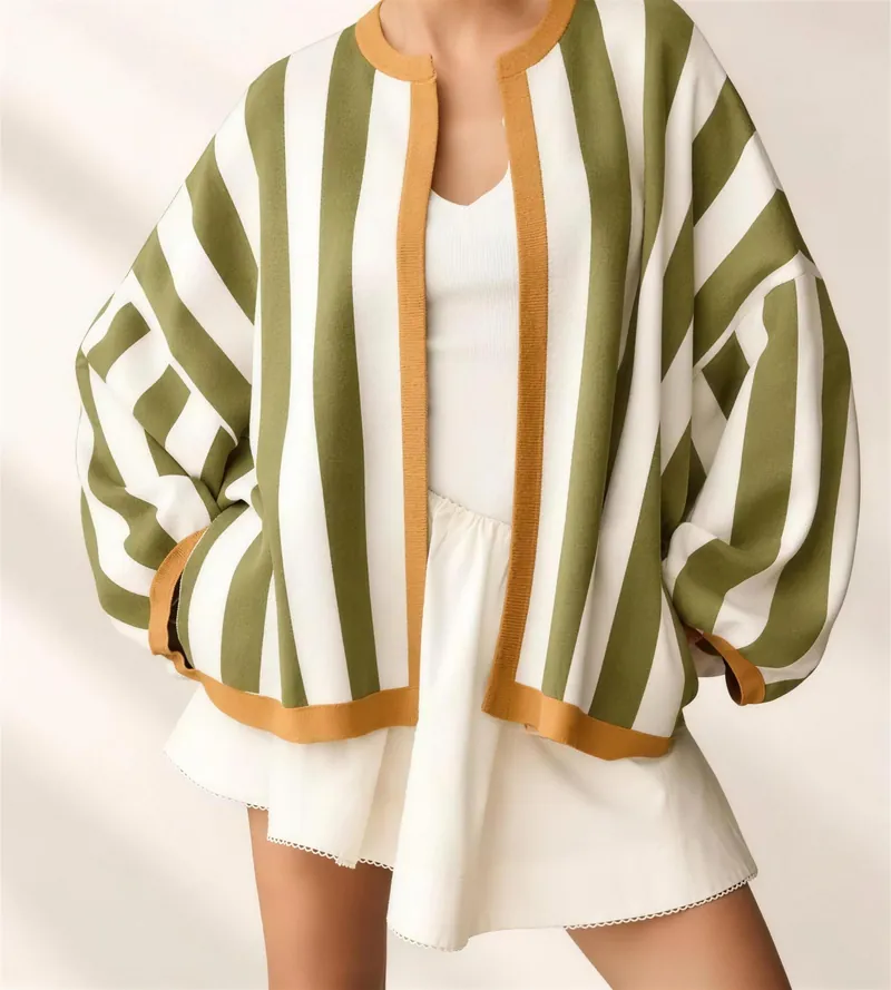 Striped balloon sleeve cardigan in Yellow Green, studio front view