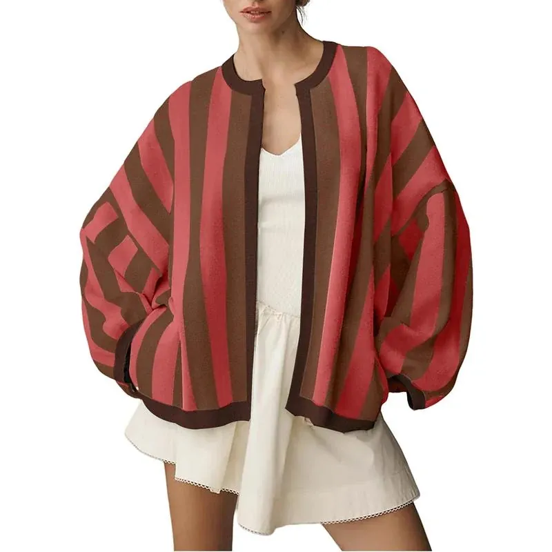 Striped balloon sleeve cardigan in Red, studio front view