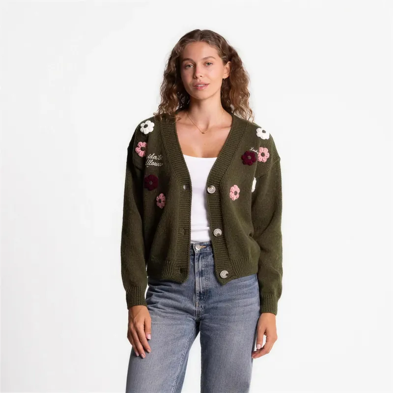 Wildflower embroidered cardigan in olive, worn open over a white top