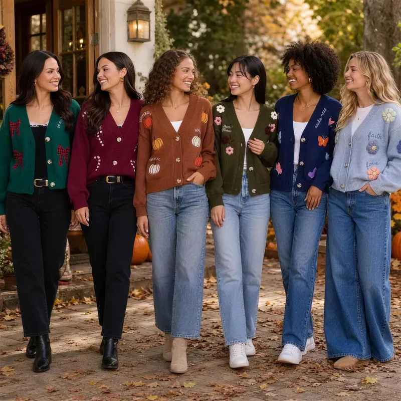 Six of the eleven designs worn together on a porch in autumn