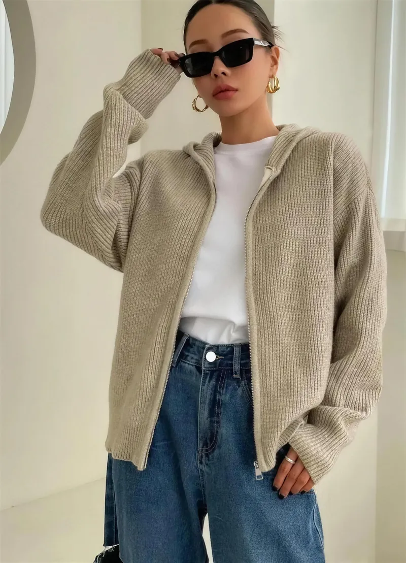Zip-up hooded cardigan in khaki, worn open over a white tee