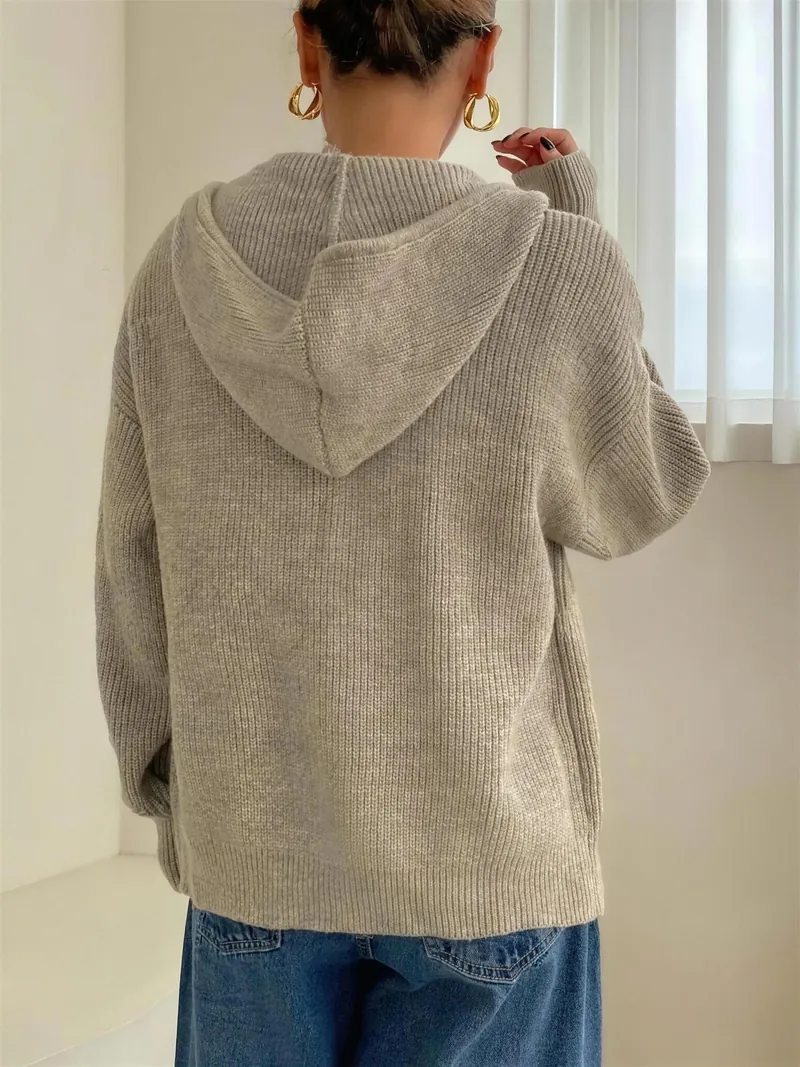 Back view showing the hood of the knitted zip-up