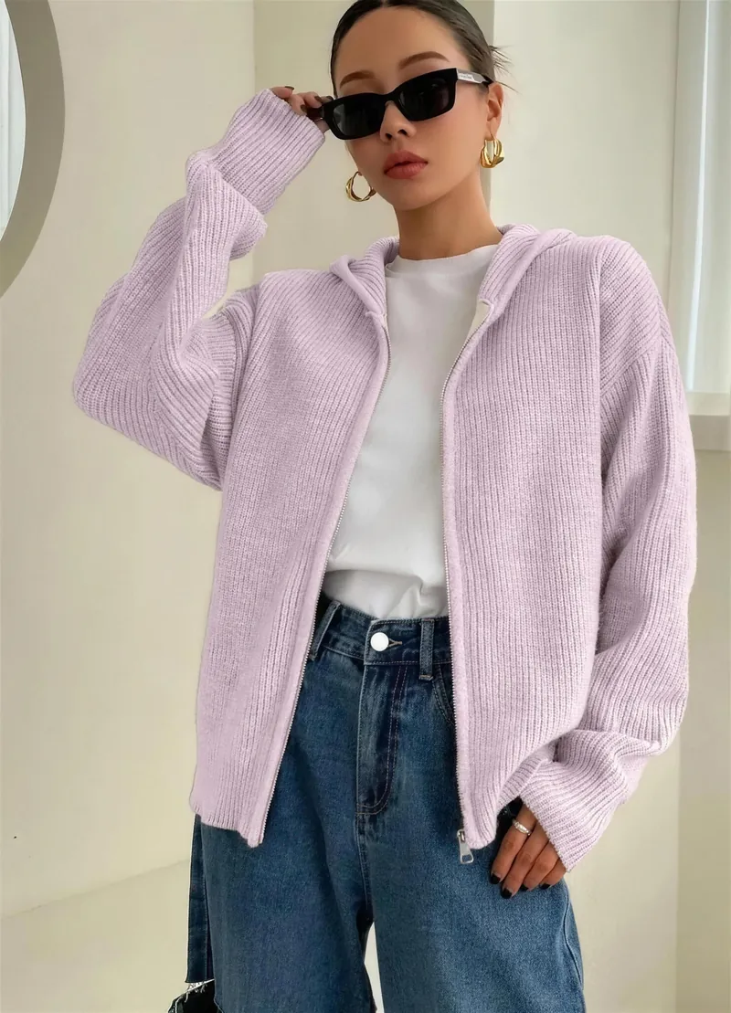 Zip-up hooded cardigan in mauve purple