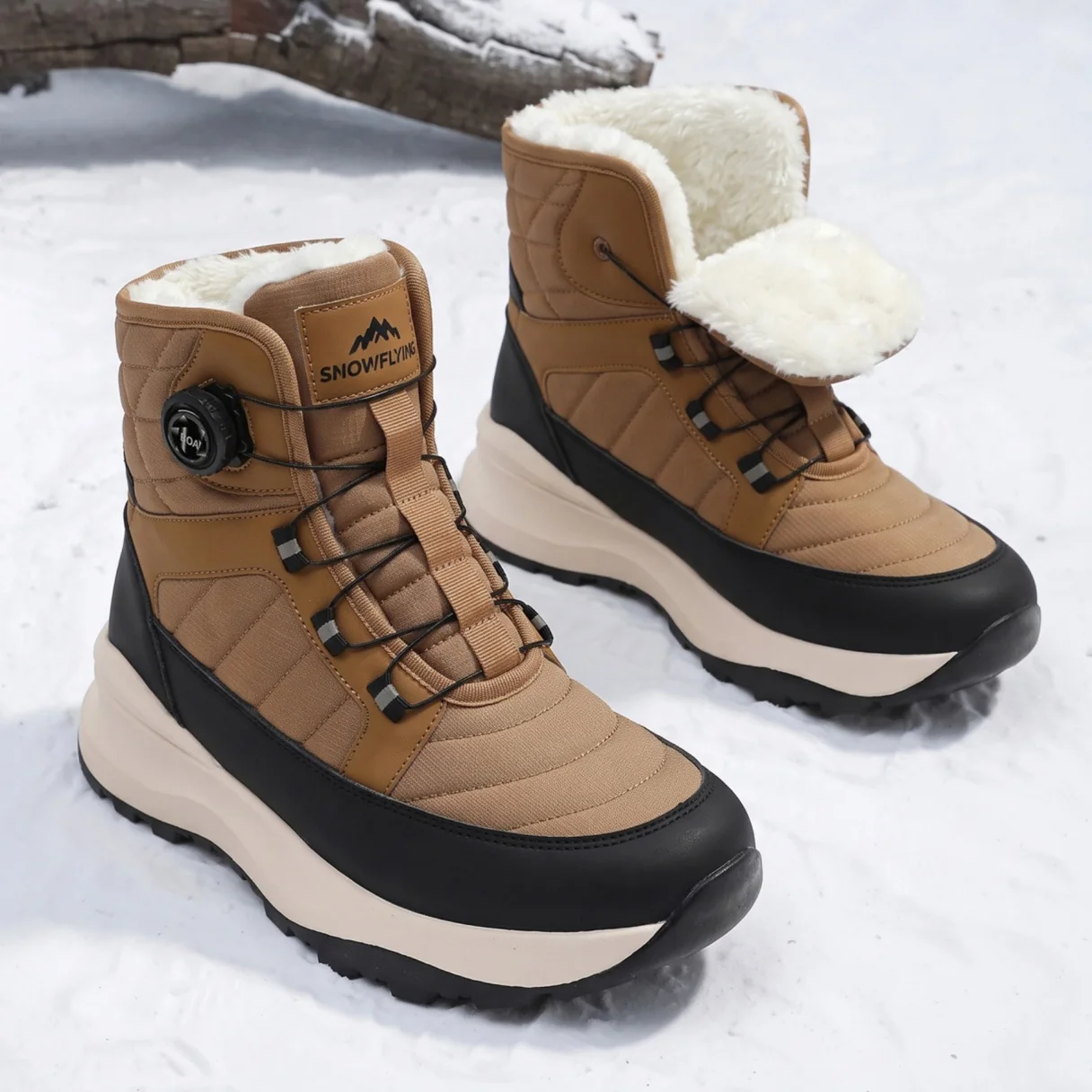 Pair of Oak Brown boots in snow, one folded open to show the faux-fur lining