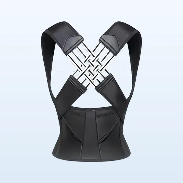 Black adjustable posture corrector with cross back mesh tension straps and elastic waist wrap