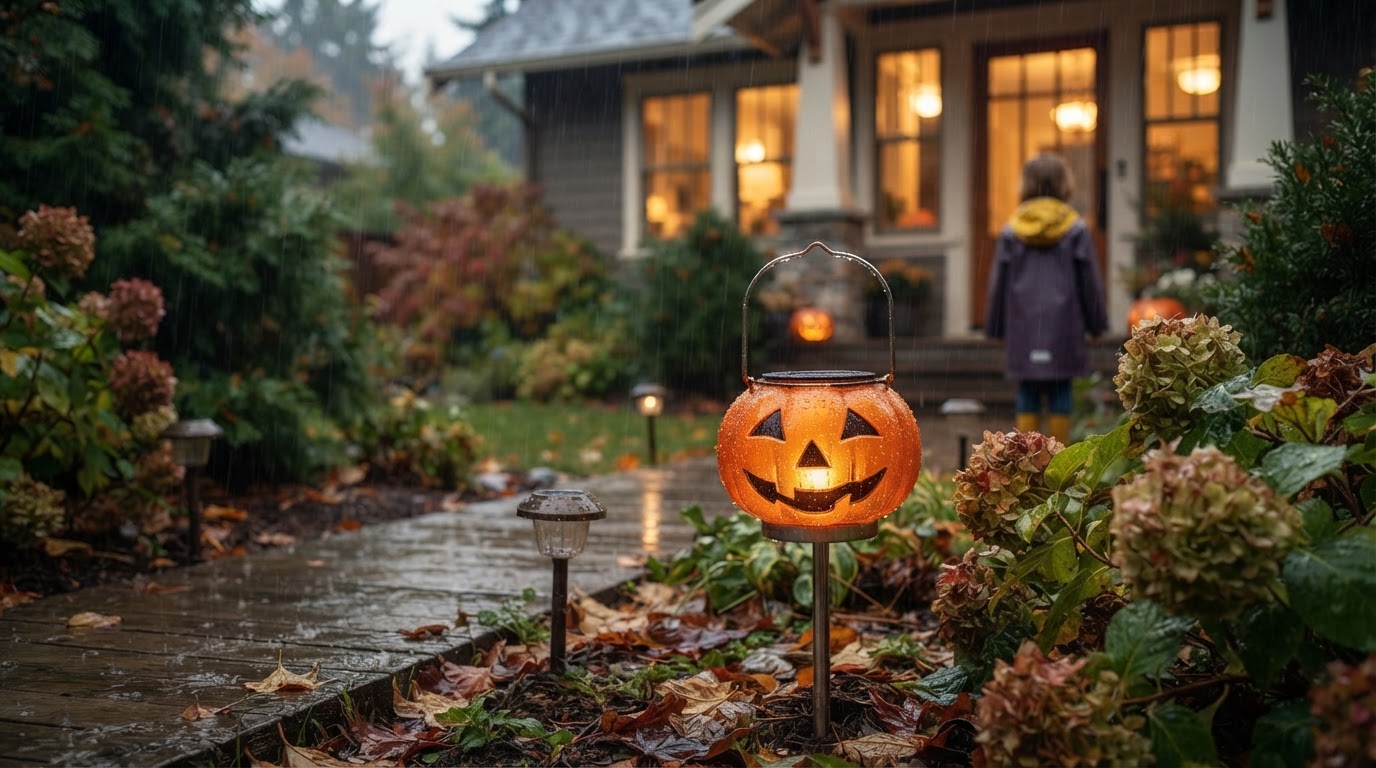 How does Solar Pumpkin Decor Light handle heavy rain?