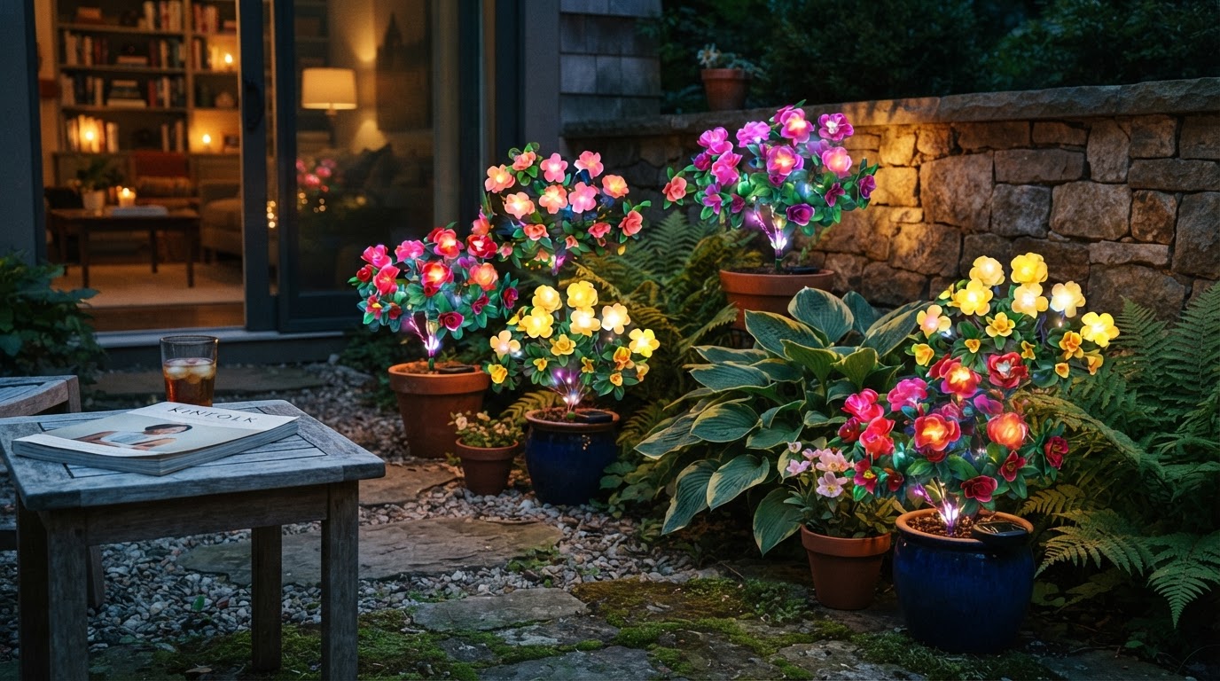 How does solar powered azalea yard art function at night?
