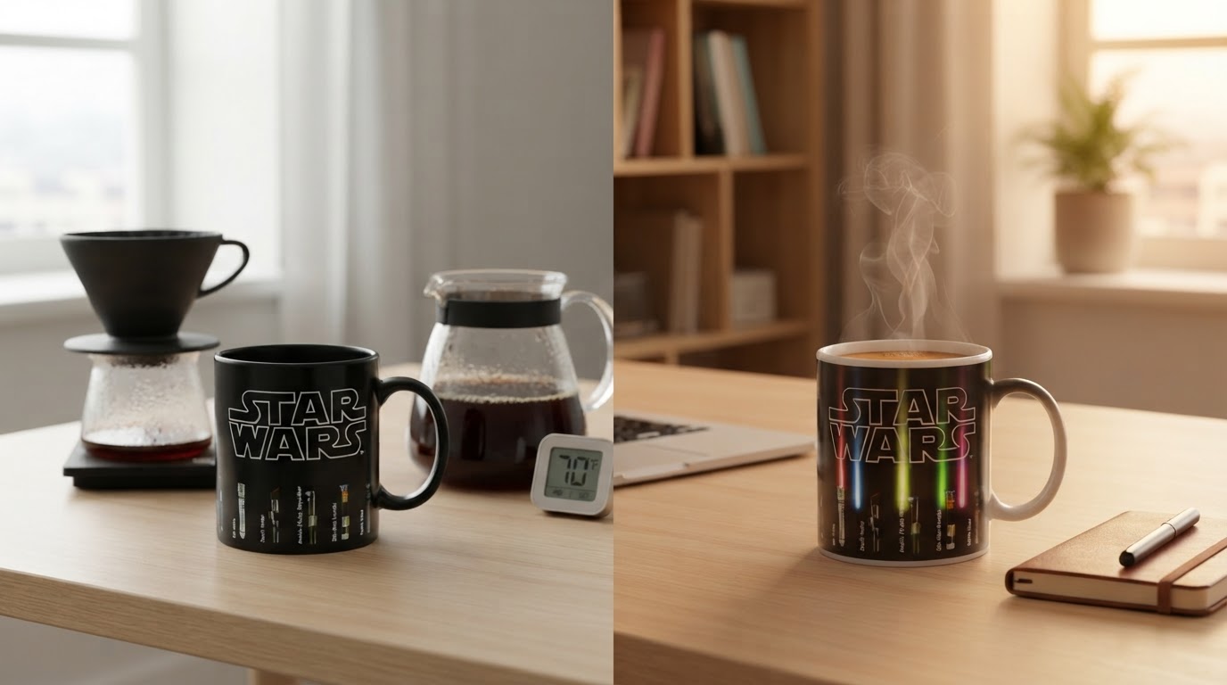 How does the color changing Star Wars coffee cup work?
