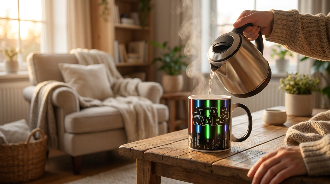 How does the Light Saber Mug heat change technology work?