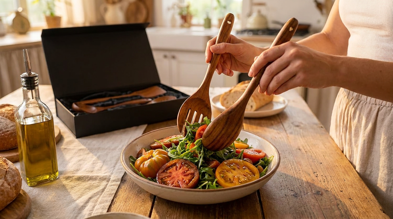 Serving with Teak Utensils Handcrafted Salad Servers
