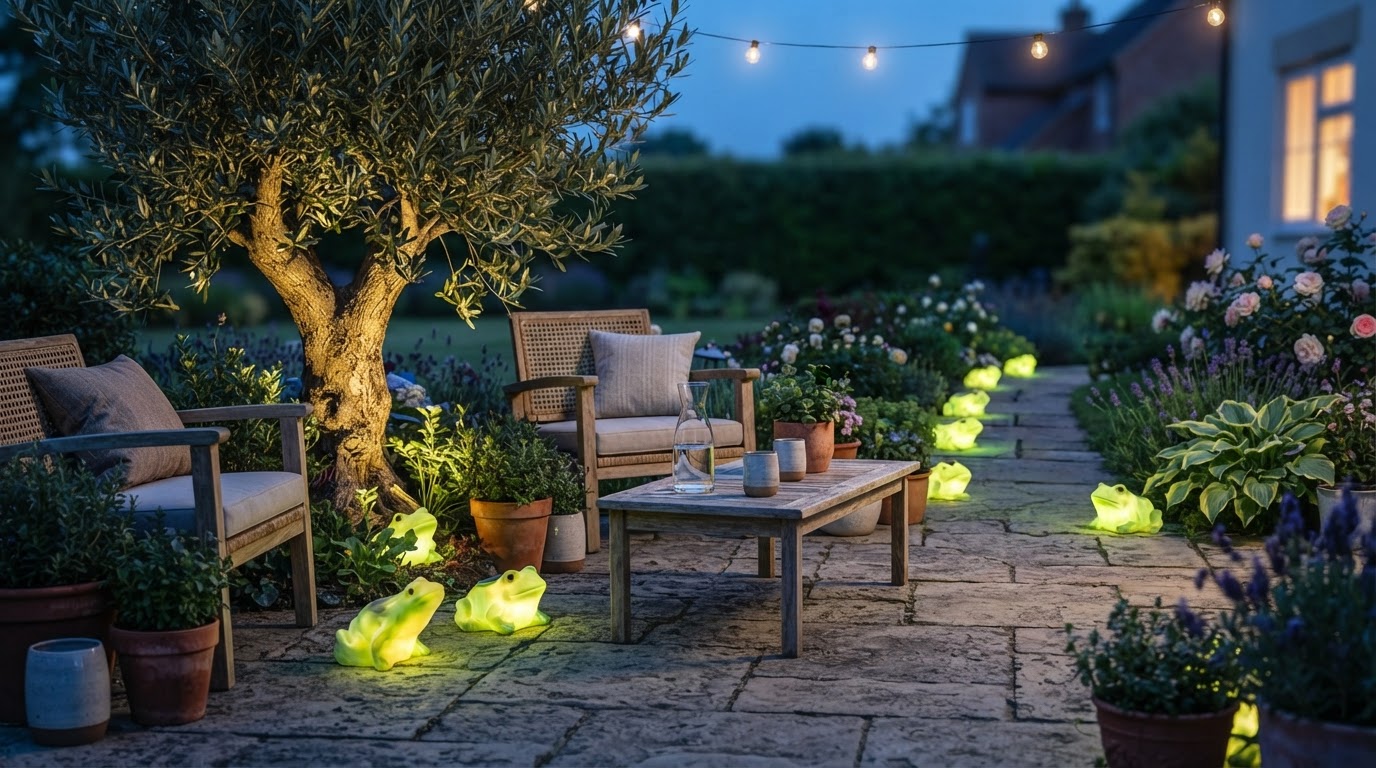 How do Solar Frog Lights enhance outdoor patio decor?